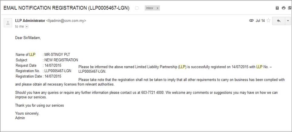 Screenshot of Successful LLP Registration Email