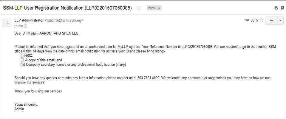 Screenshot of MyLLP Registration