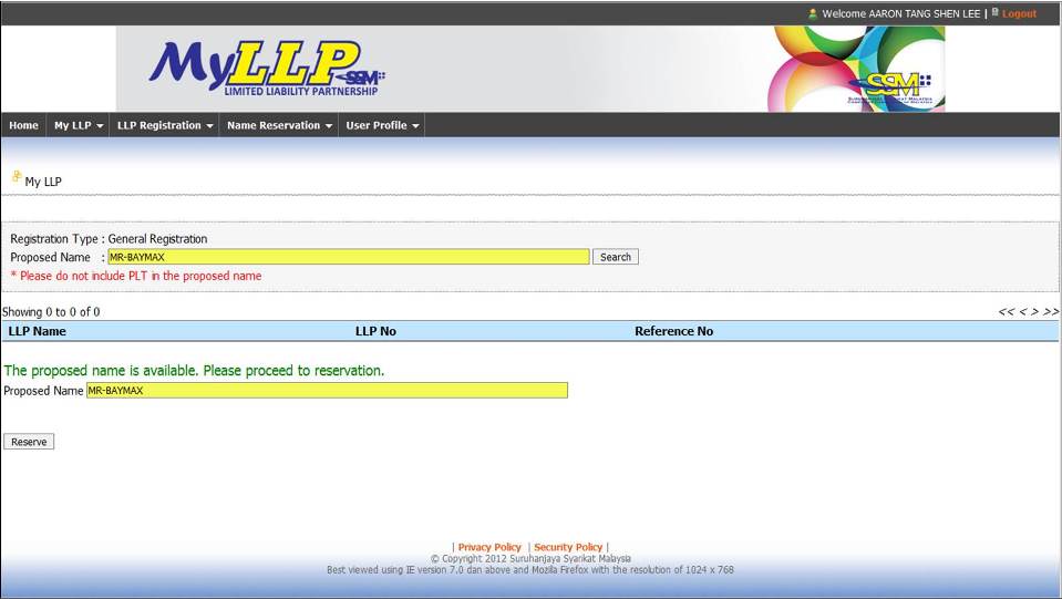 Screenshot of LLP Name Registration