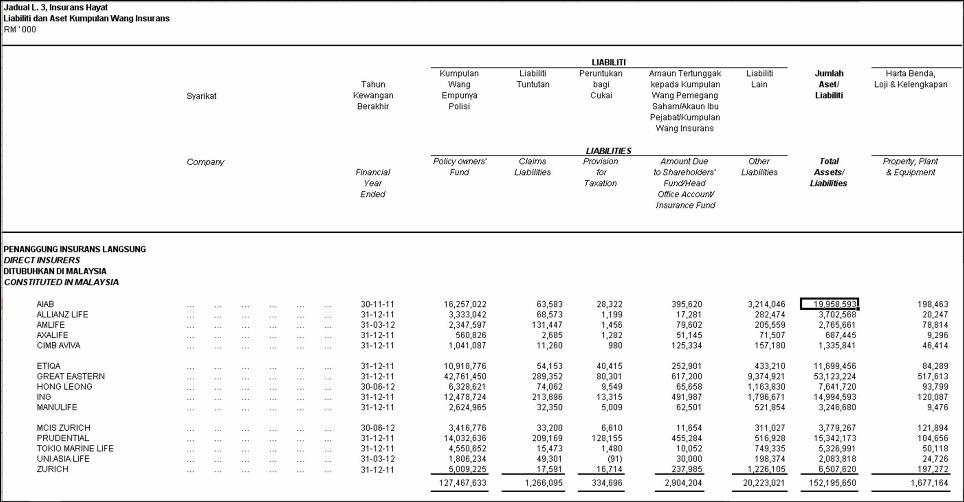 Screenshot of Malaysian insurance industry balance sheet