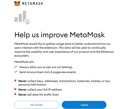 "Help us improve MetaMask" decision screen