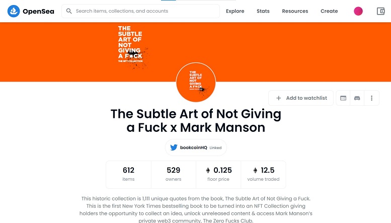 Mark Manson's The Subtle Art of Not Giving a Fuck NFT collection on OpenSea