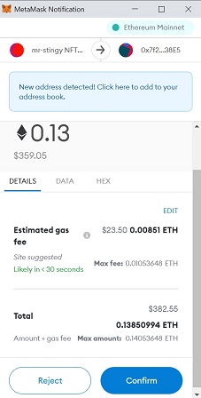 Confirmation of NFT purchase on MetaMask