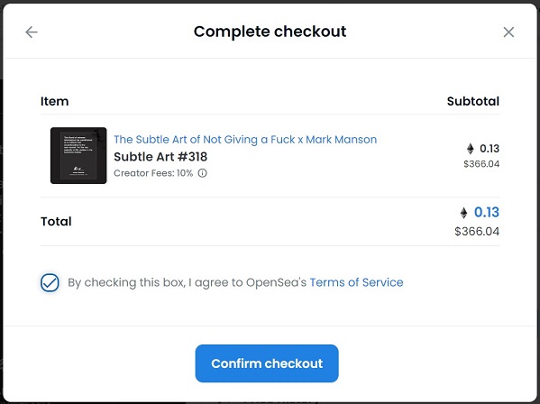 "Complete checkout" screen on OpenSea