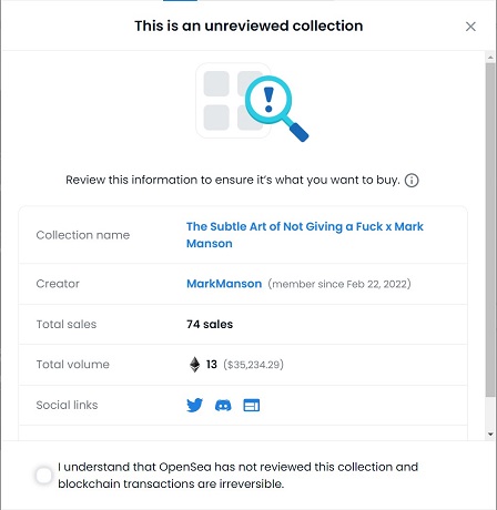 "Unreviewed collection" confirmation screen on OpenSea