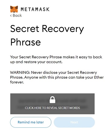"Secret Recovery Phrase" screen on MetaMask